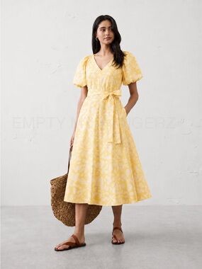 NWT Banana Republic Yellow Pattern Puff-Sleeve Poplin Midi Dress Medium Petite